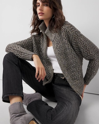 Open Stitch Zip-Up Cardigan | White House Black Market